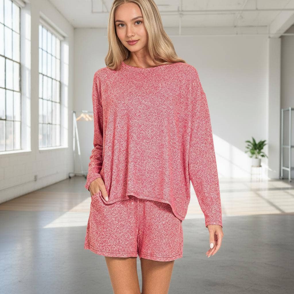 1027 Soft Melange Long Sleeve Tee & Shorts Set SI-28981