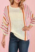Womens Striped 3/4 Sleeve Oversized Knit Sweater (S-Xl)