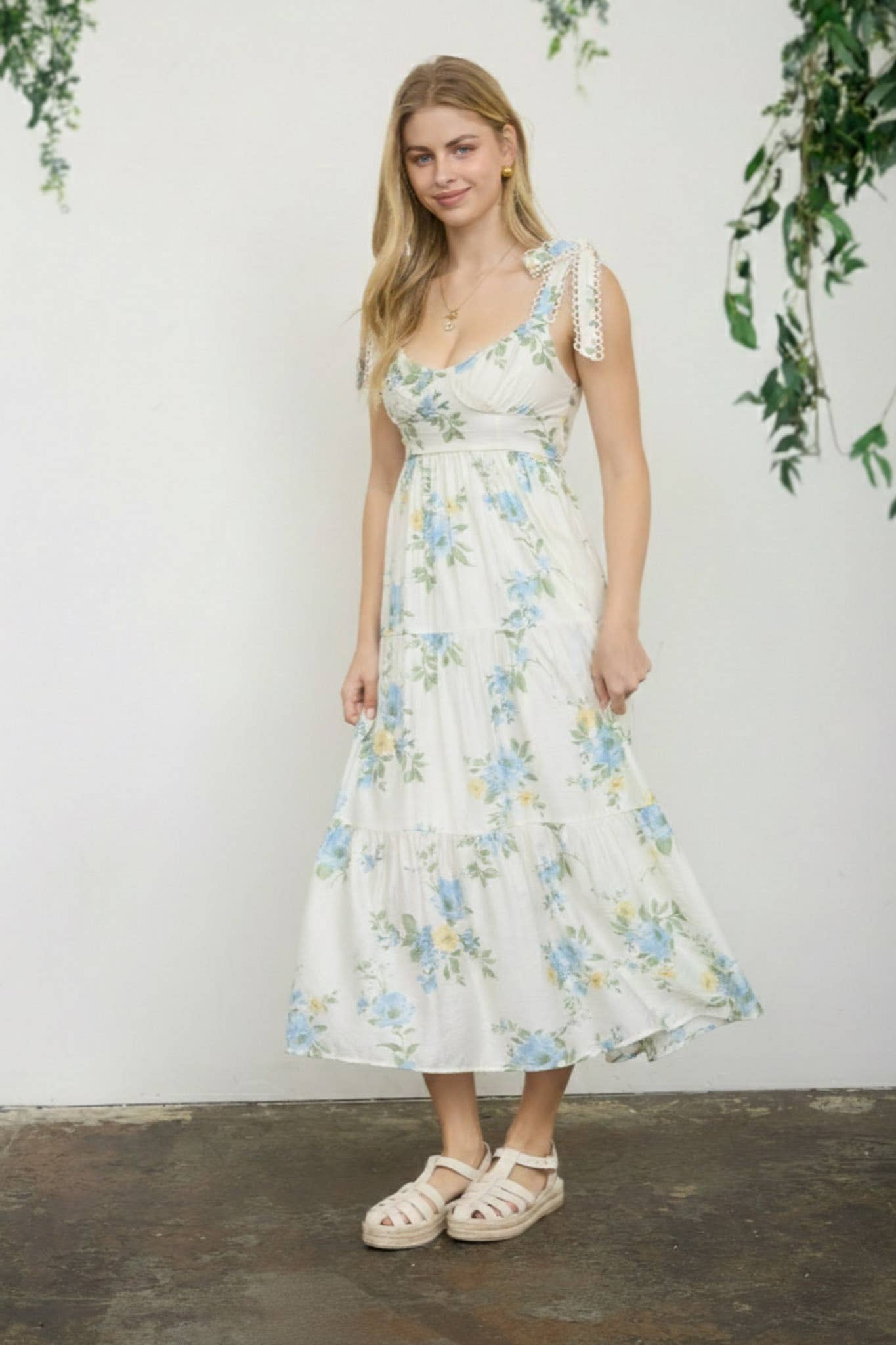Floral Tie Strap with Scallop Lace Trim Midi Dress