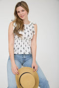 Bow Line Pattern Tie Shoulder Sleeveless Blouse
