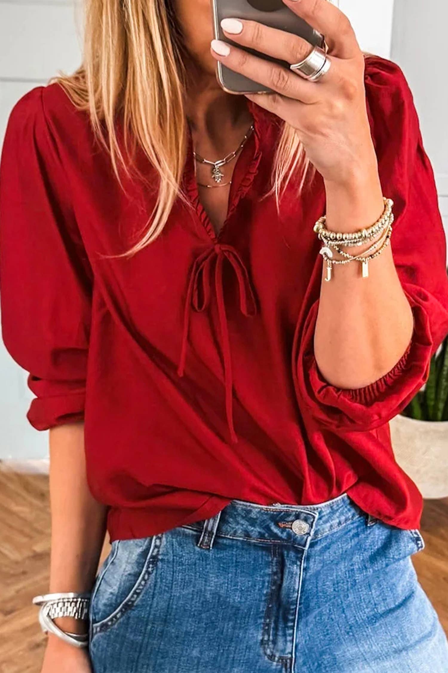 Solid Frilled V Neck Bow Detail 3/4 Sleeve Blouse (S-Xl)