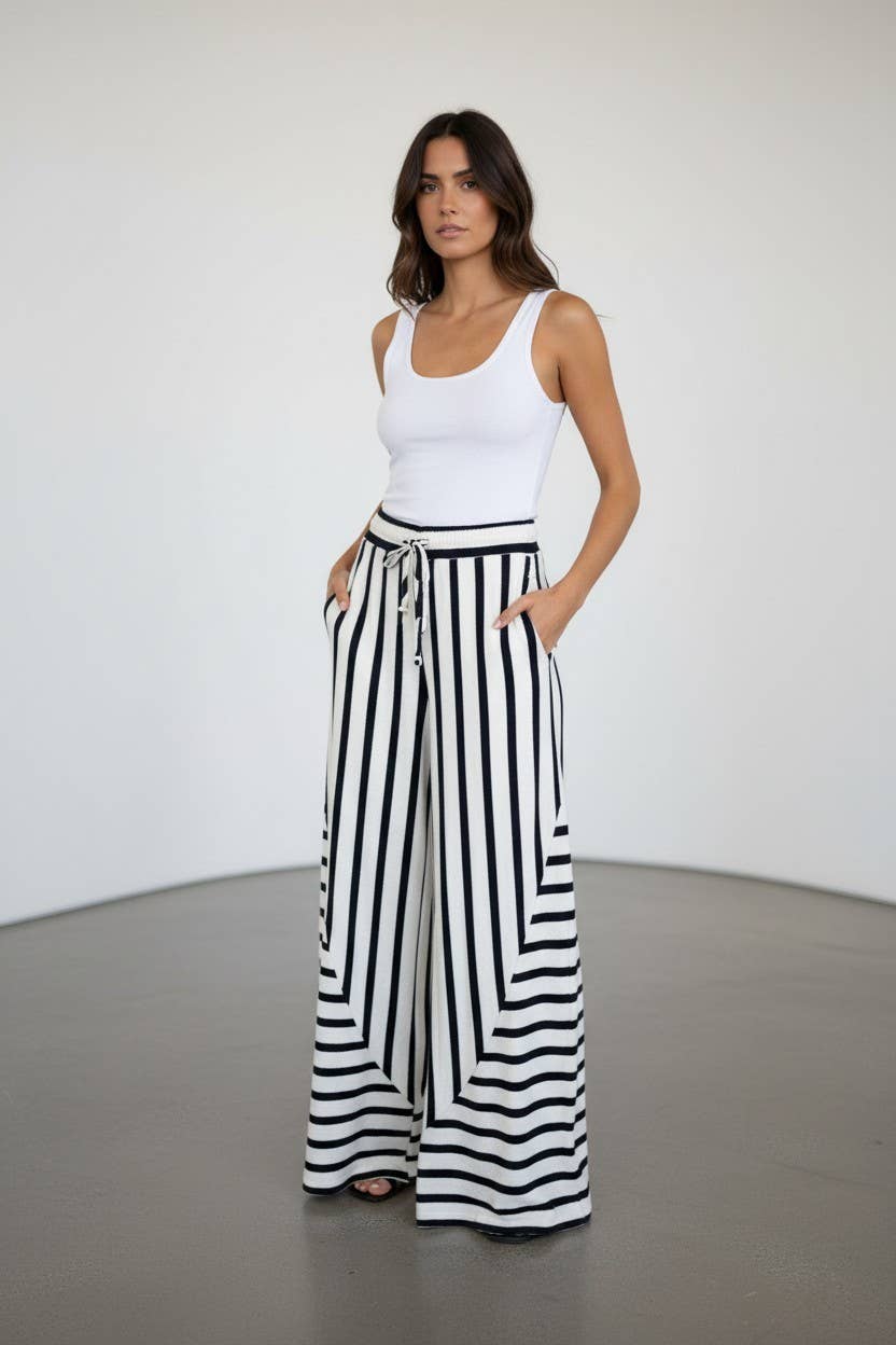 P5801 | Mixed-Stripe Terry Wide-Leg Pants