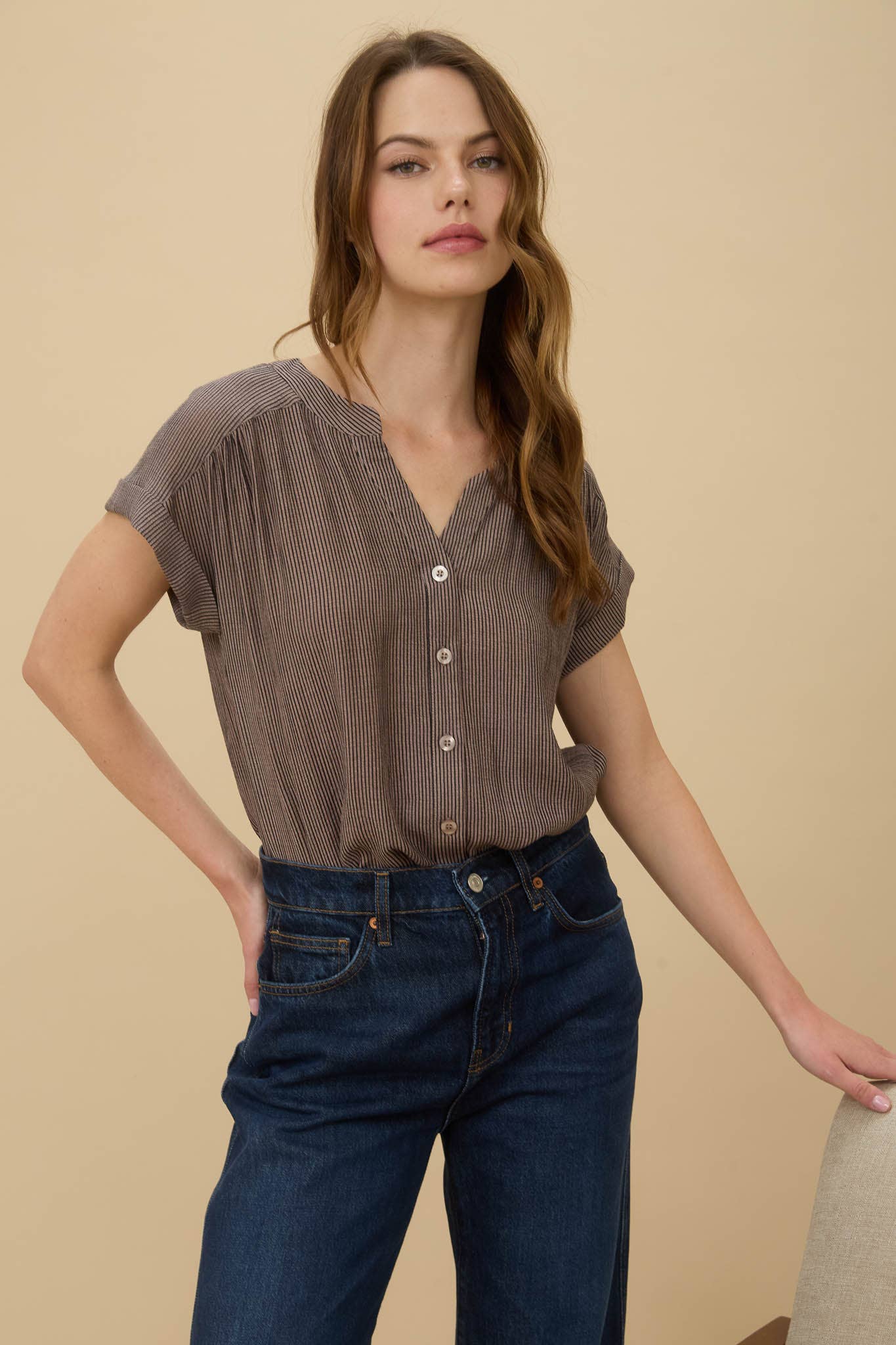 Pinstripe Short Cuff Sleeve Button Down Shirt