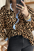 Leopard Print Stripe Frilled Mock Neck Shirt (S-Xl)