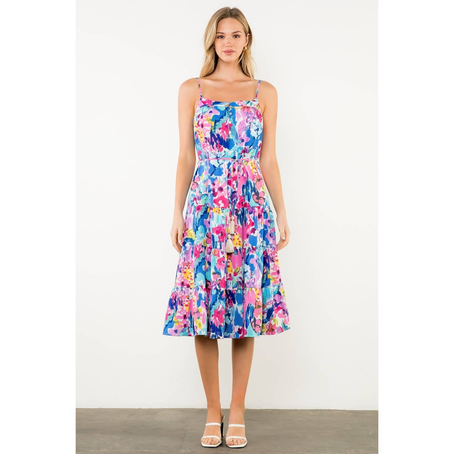 Tassel Belted Floral Strap Midi Dress