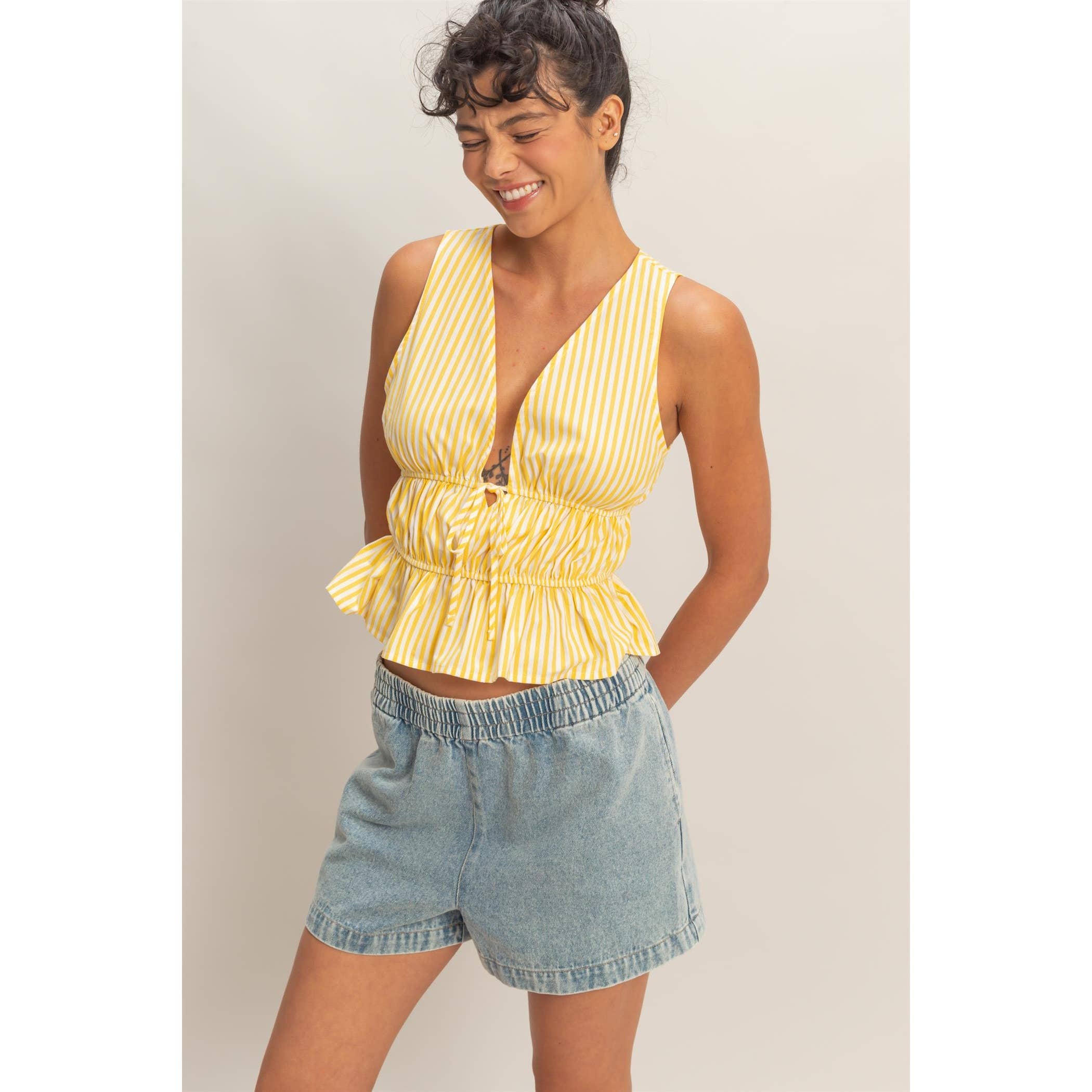 Striped Tie Front Peplum Sleeveless Top