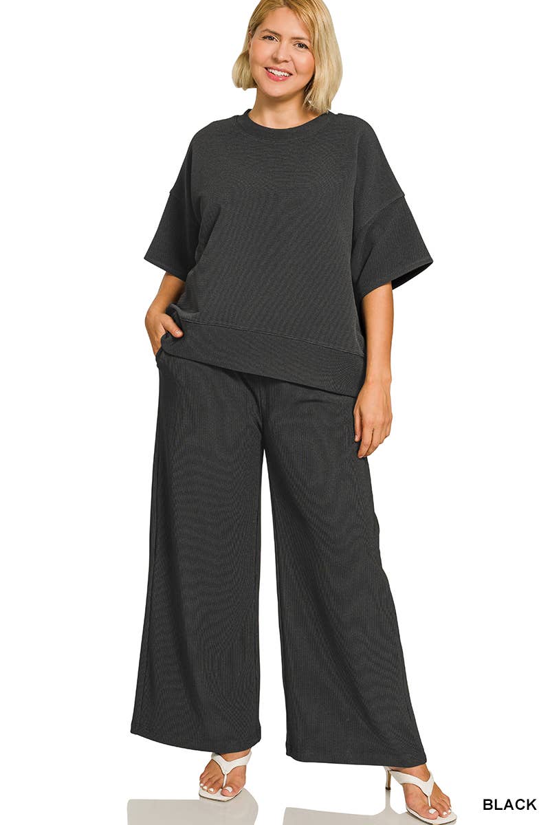 ...0305 Plus Ribbed Round Neck Tee & Pants Set SI-29562