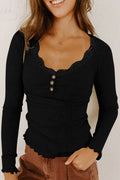 Lace Neckline Button Decor Lettuce Edge Ribbed Top (S-Xl)