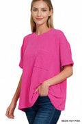 ...._ 0107 Corded Rib  Short Sleeve Front Pocket Top SI-25924