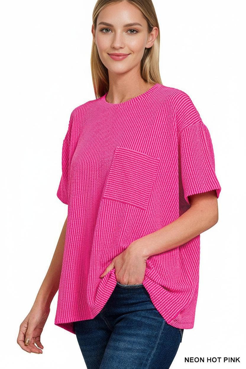 ...._ 0107 Corded Rib  Short Sleeve Front Pocket Top SI-25924
