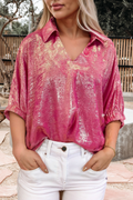Metallic Collared V Neck Half Sleeve Top (S-Xl)