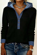 Chic Hoodie Long Sleeve Denim Trim Button Front Top (S-Xl)
