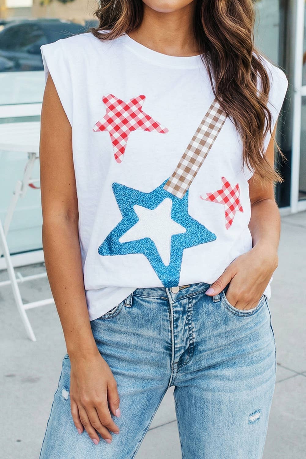 Patriotic Star Graphic Sleeveless Crew Neck Tank Top (S-Xl)