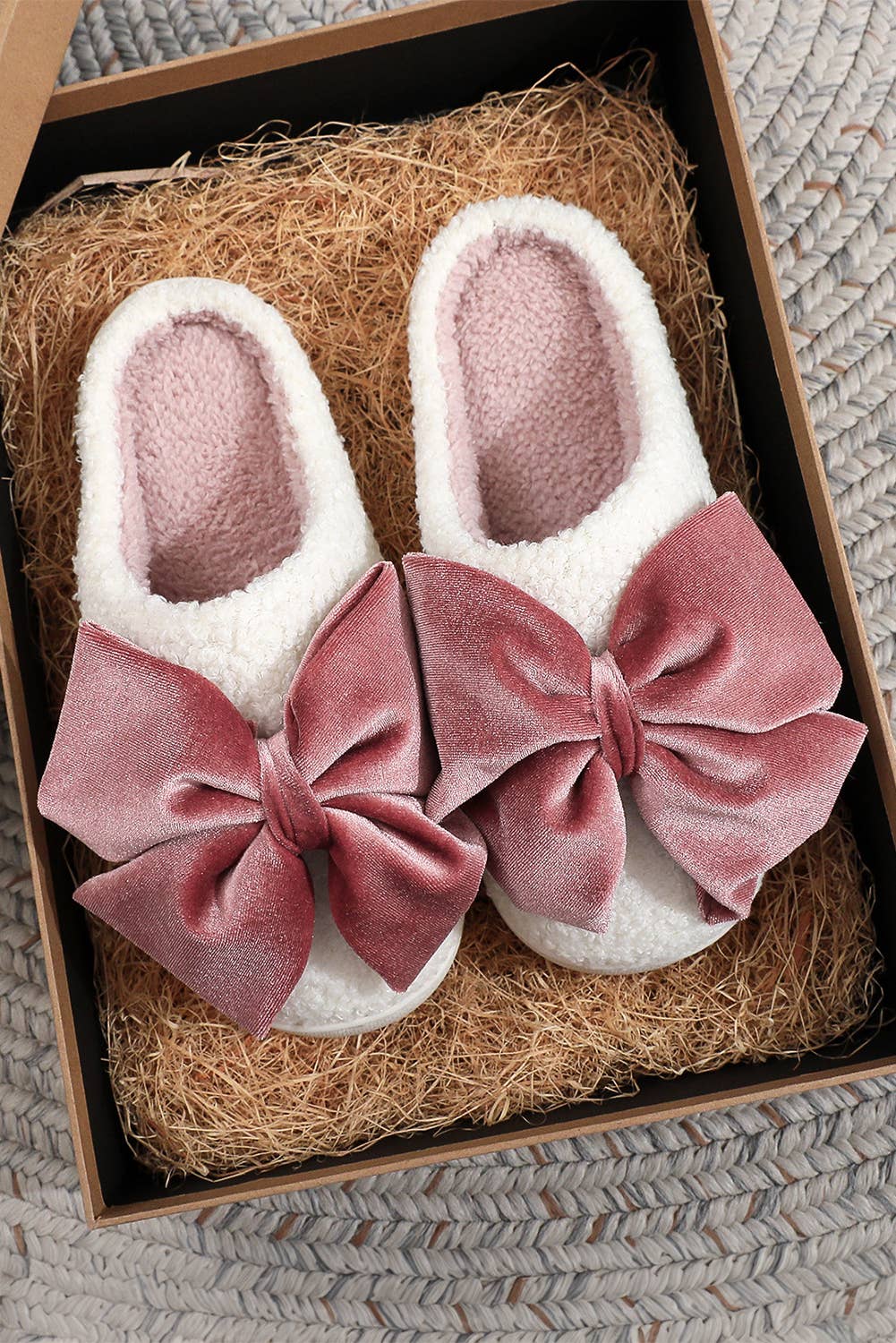 Glister Ribbon Bow Decor Contrast Liner Plush Slippers Gifts
