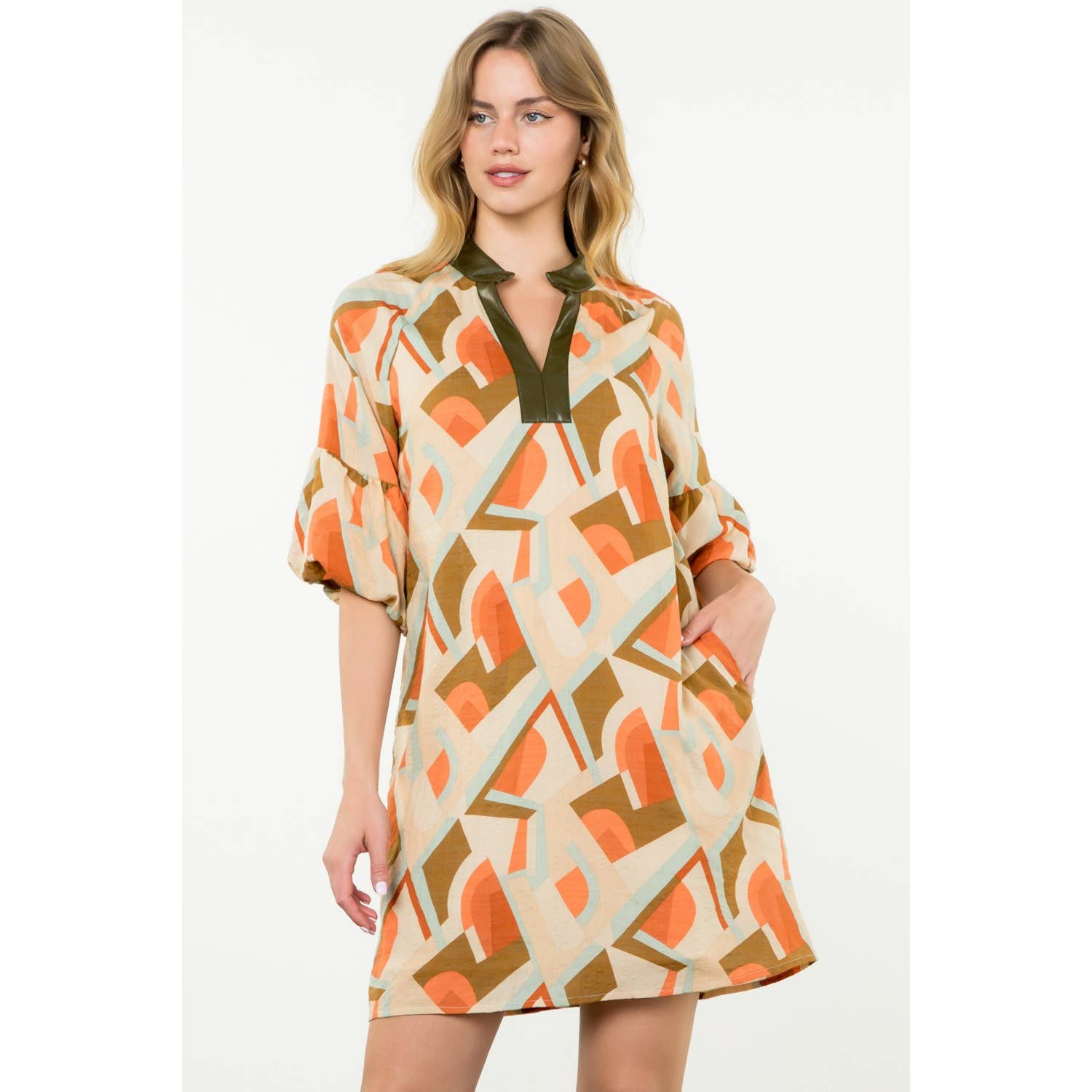 Geometric Print Contrast Neck Dress