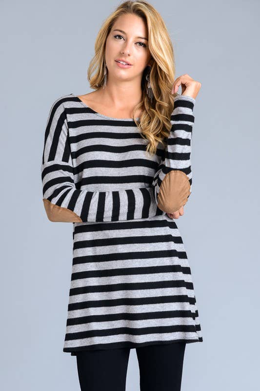 ..SI-7683 Long Sleeve Brushed Stripe Tunic with Elbow Patches