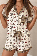 Bow Cherry Leopard Patchwork Shirt and Shorts Lounge Set