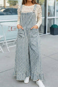 Striped Distressed Ruffled Wide Leg Denim Overalls (S-Xl)