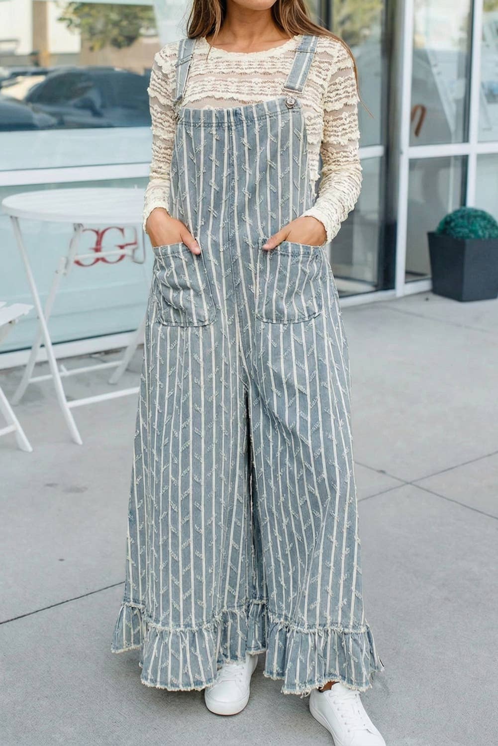 Striped Distressed Ruffled Wide Leg Denim Overalls (S-Xl)