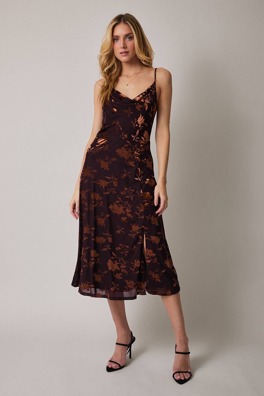 Sleeveless Cowl Neck Midi Flare Dress