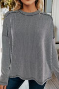 Twist Ribbed Exposed Seam Long Sleeve Loose Top (S-Xl)