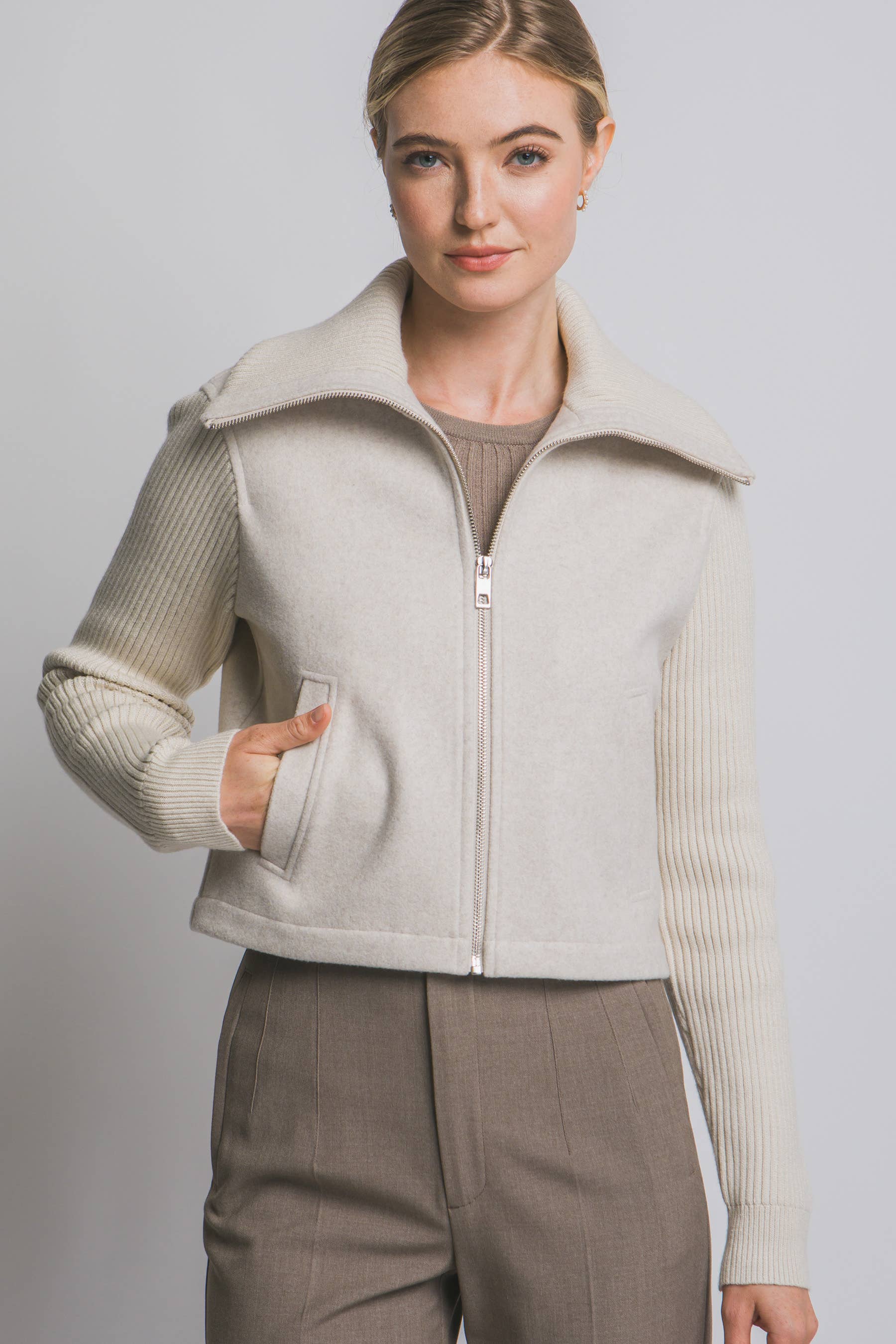 0827 Knit Contrast Long Sleeve Jacket w/ Pockets SI-28678