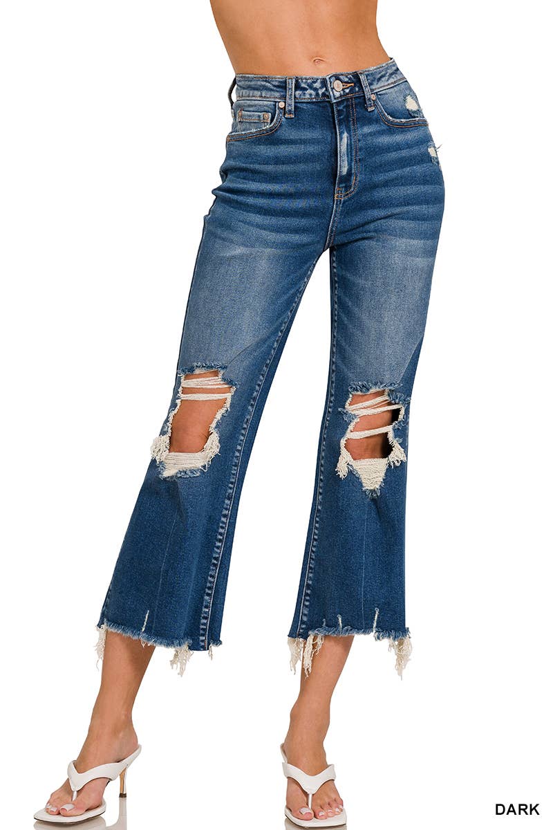 `.SI-25913 Distressed Knee Raw Frayed Hem Cropped Denim Pants