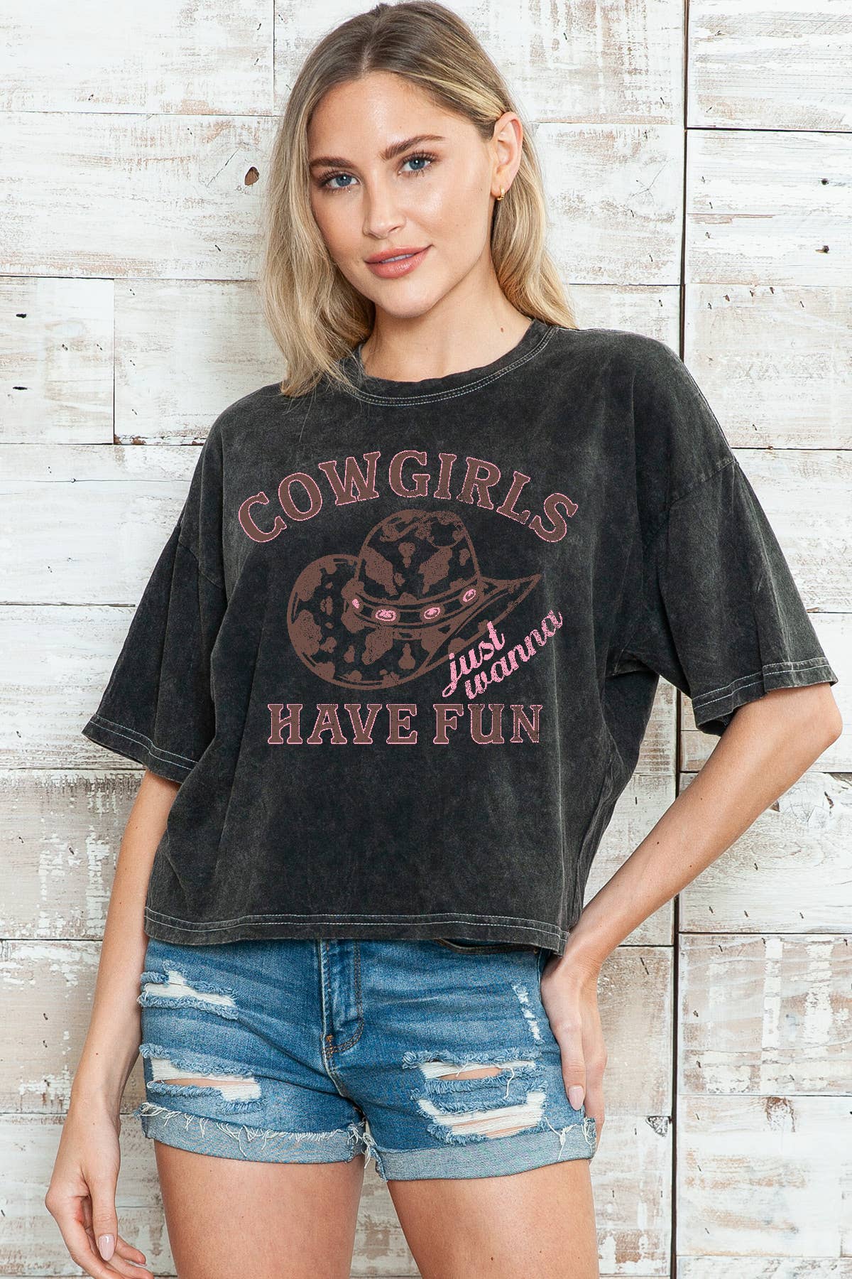 Women Cowgirls Mineral Wash Short Sleeve Crop Top