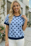 66 Summer Color Block Trim Polka Dot Casual Tee (S-Xl)