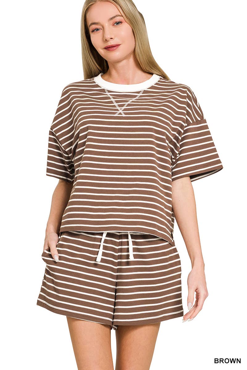 ...0113 Striped Round Neck Tee & Shorts Set SI-29346