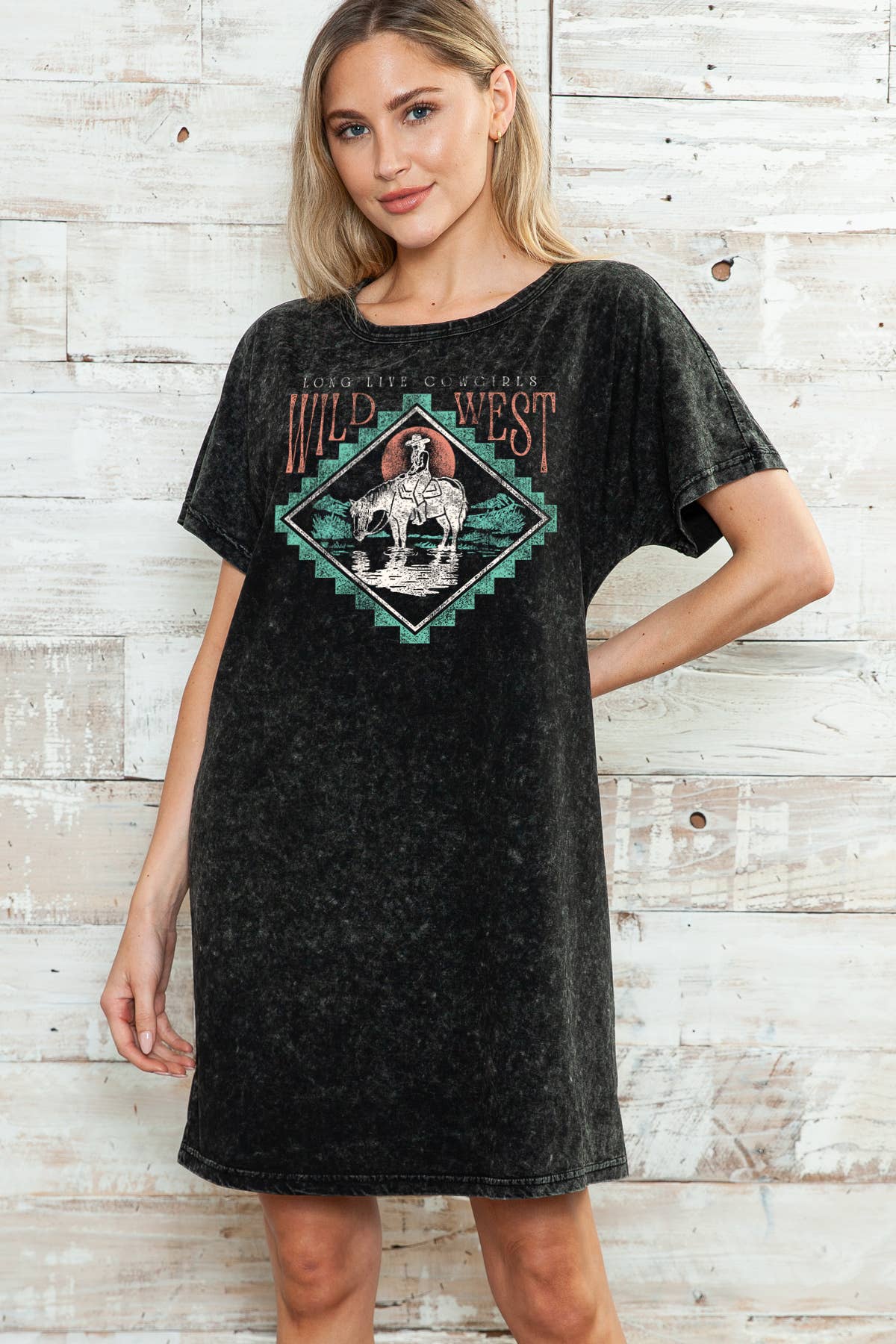 Women Wild West Graphic Print Mineral Wash Dress