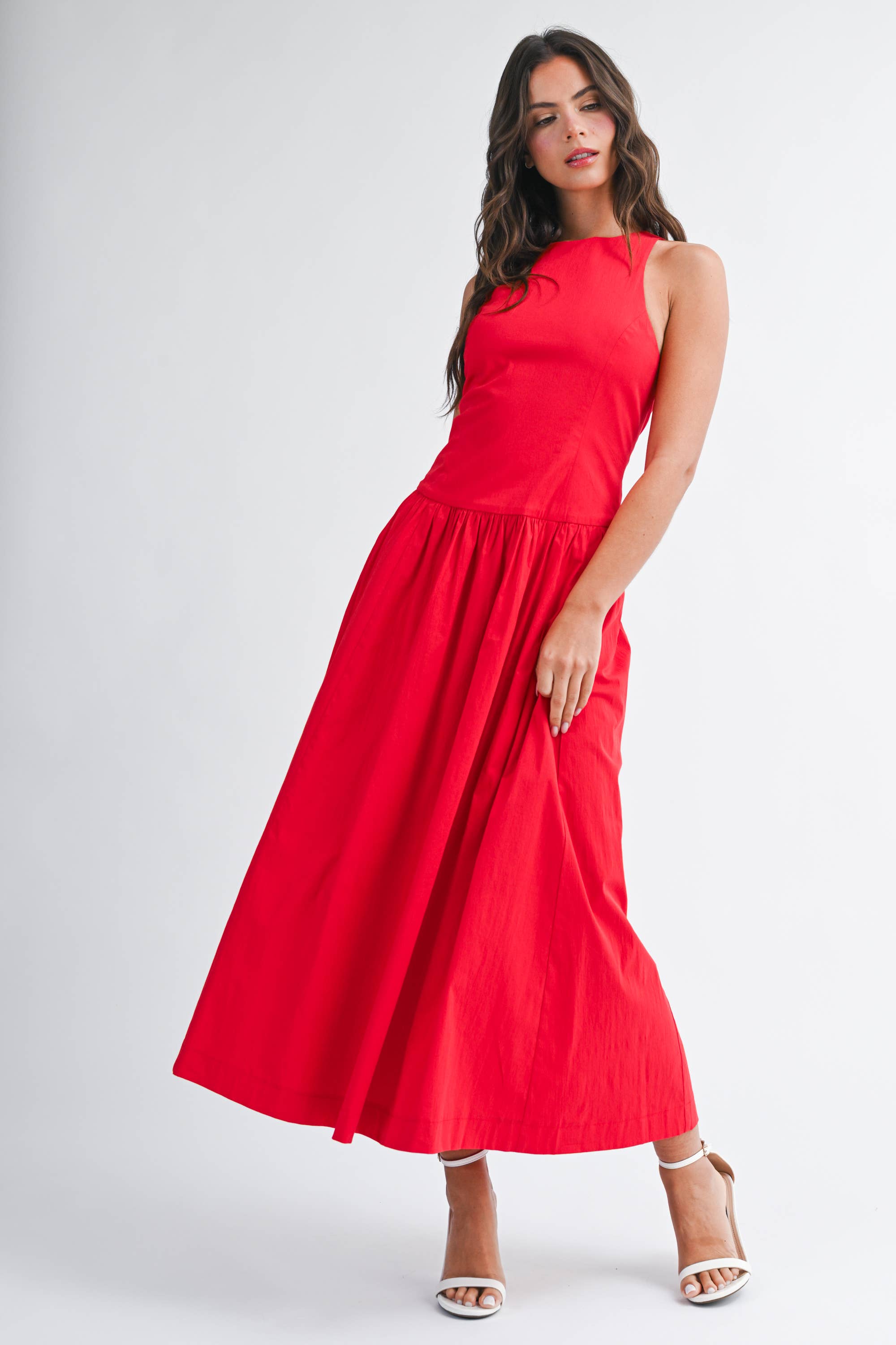4296HK Sleeveless Mixed Media Midi Dress