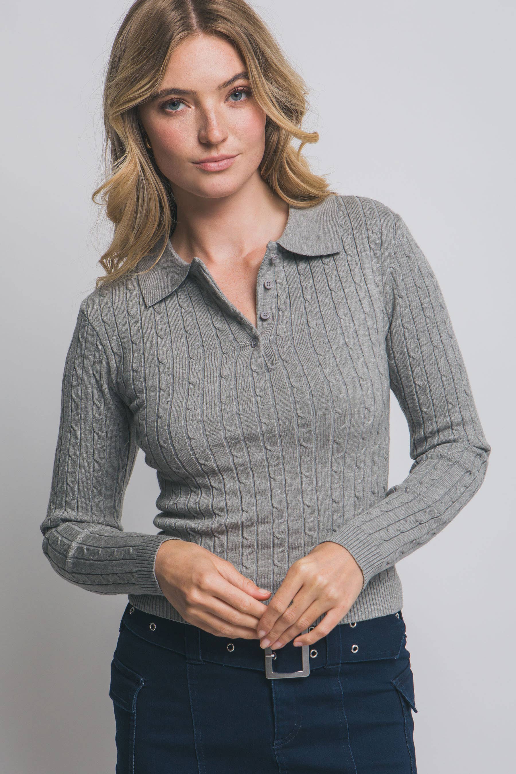 .0807 Cable Knit Polo Sweater Top SI-28322
