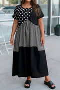 Plus Size Polka Dot Gingham Patchwork Maxi Dress
