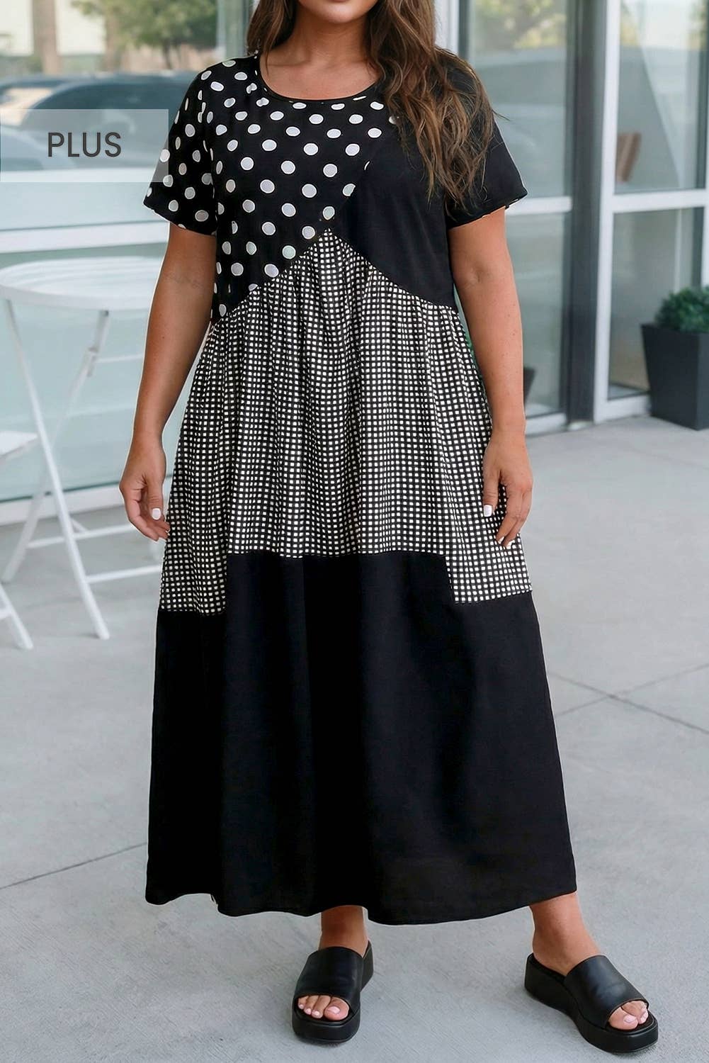 Plus Size Polka Dot Gingham Patchwork Maxi Dress