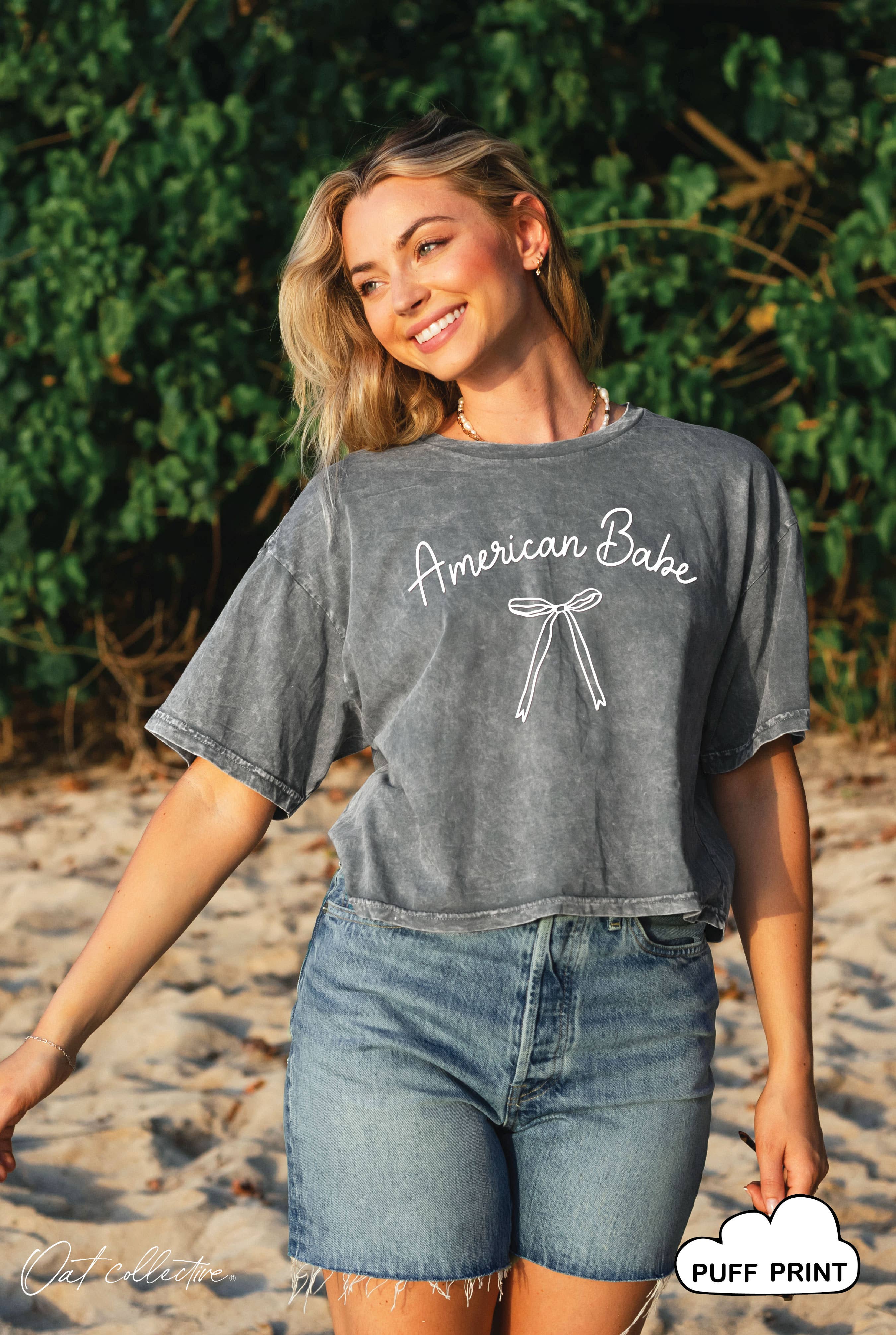 American Babe Puff Cropped Mineral Graphic Top