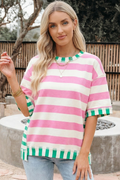 Striped Colorblock Short Sleeve Round Neck Blouse