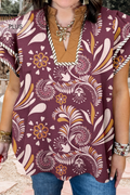Plus Size Floral Print Striped Trim Ruffled Sleeve Blouse