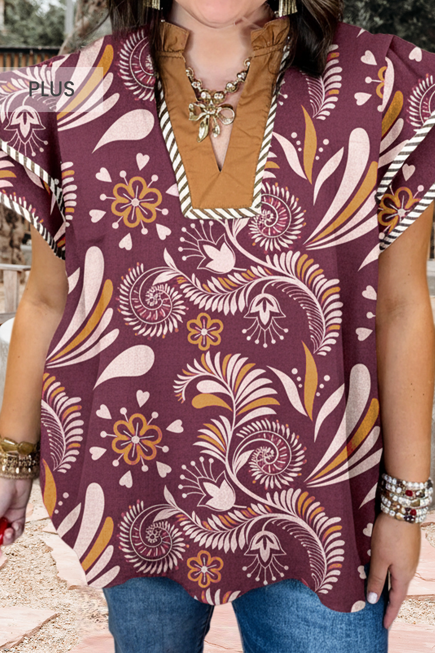 Plus Size Floral Print Striped Trim Ruffled Sleeve Blouse