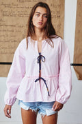 T2393 Front Bow Tie Stripe Print Ruffled Blouse Top