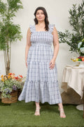Plus Plaid Smocked Ruffle Strap Tiered Midi Dress