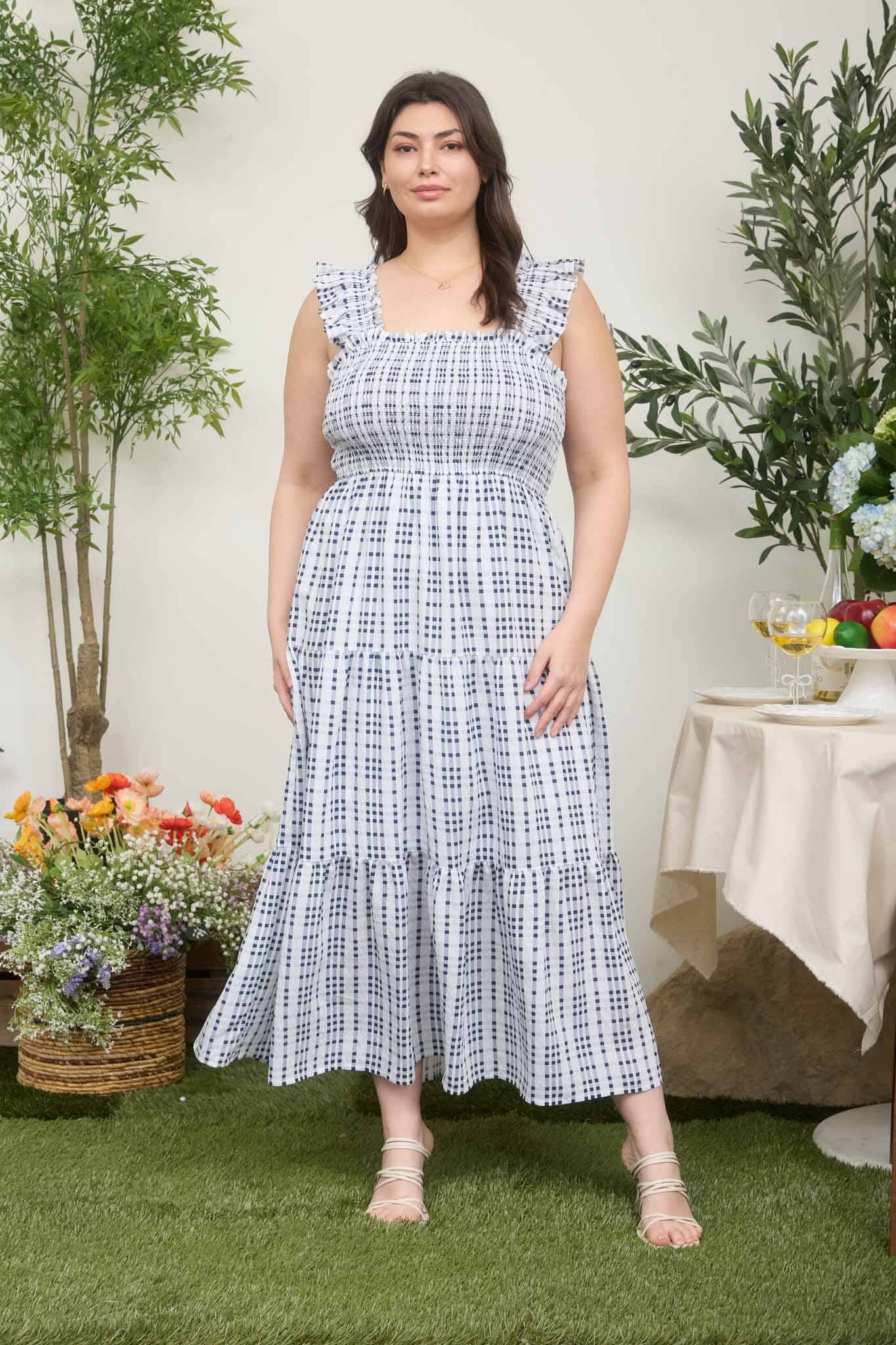 Plus Plaid Smocked Ruffle Strap Tiered Midi Dress