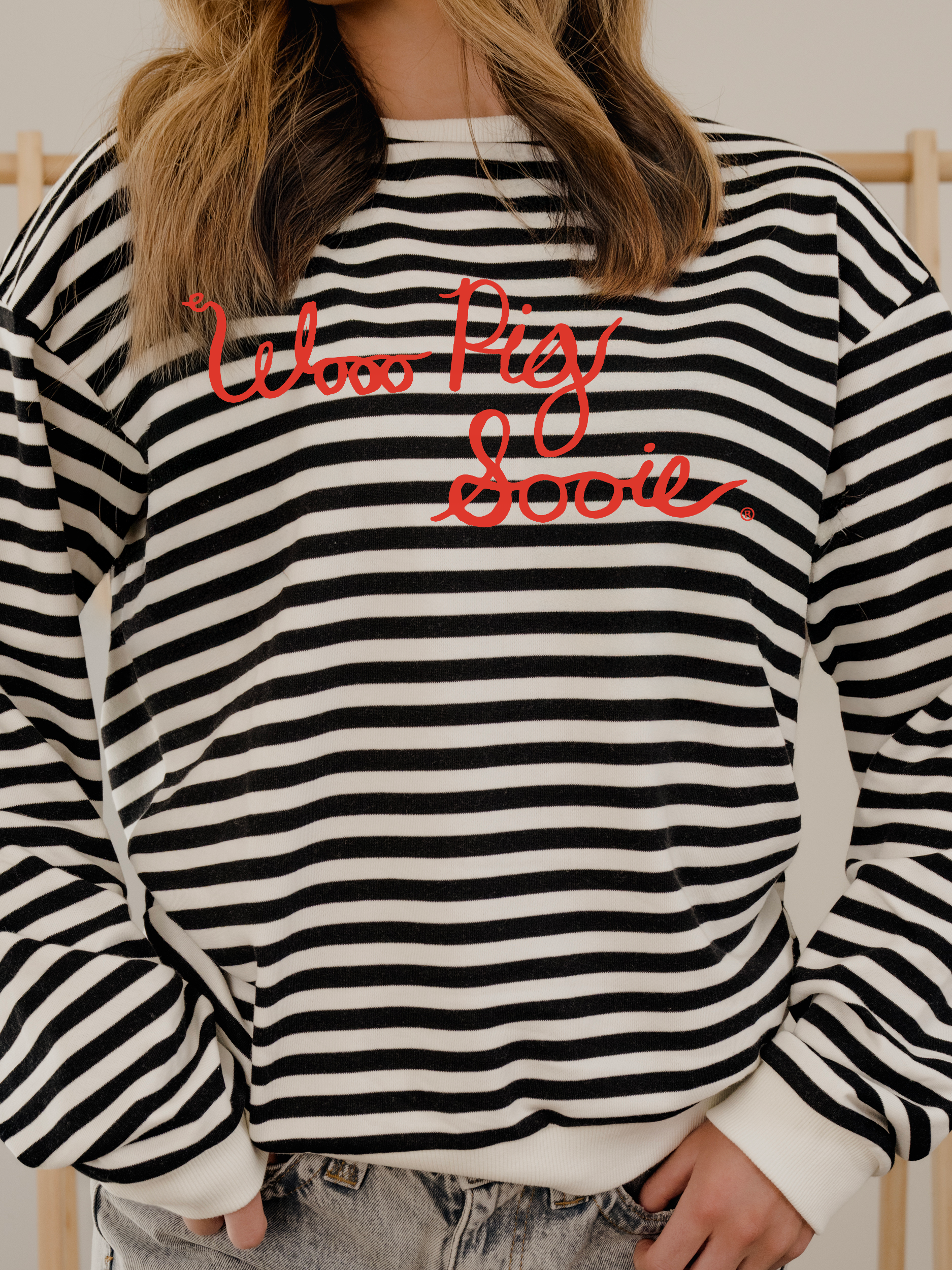 Wooo Pig Sooie Simple Script Bk/Wt Stripe Hi-Dive Sweatshirt