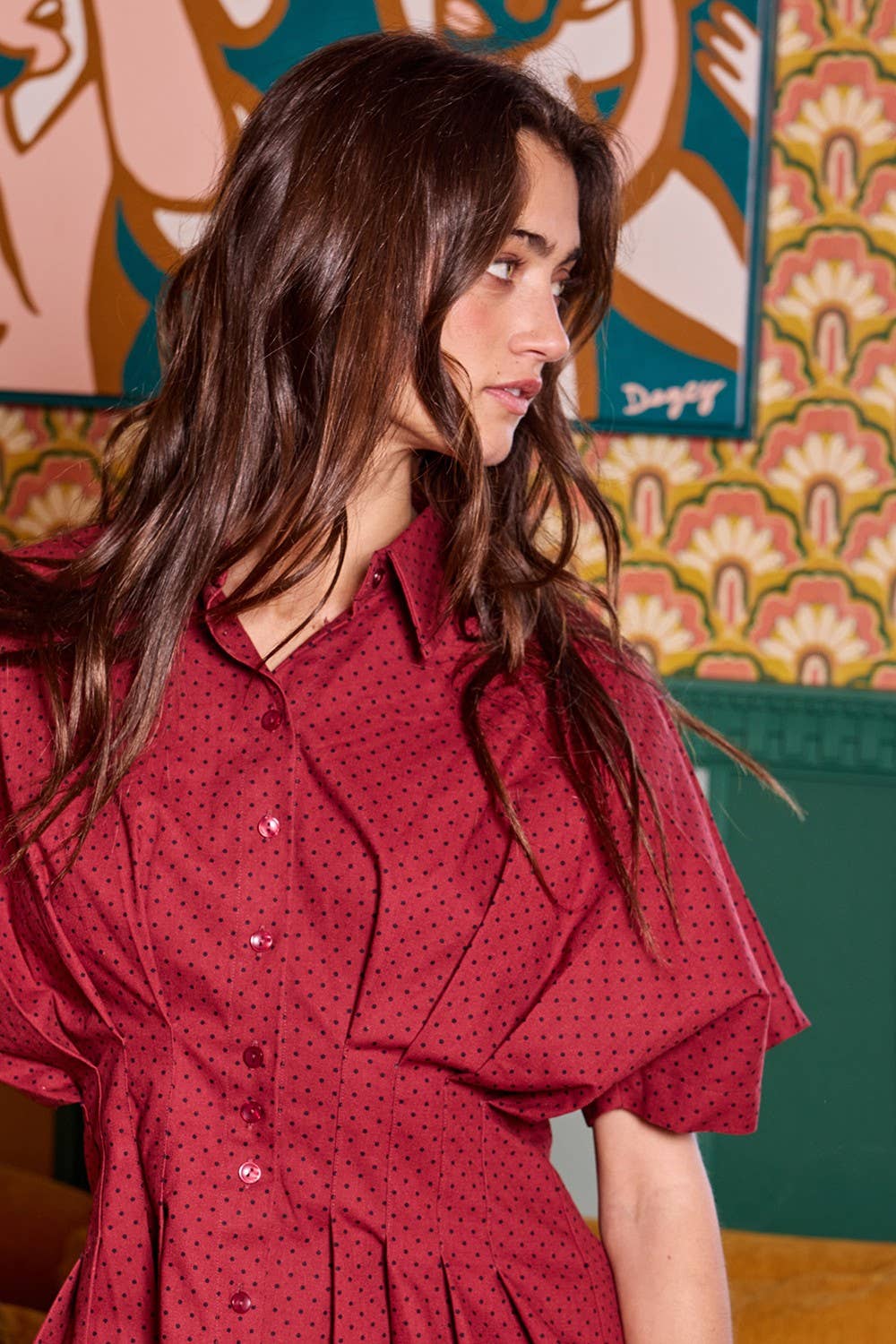 IT2549 Poplin Button-Front Pleated Peplum Style Shirt