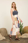 Smocked Denim Patchwork Detail Tiered Maxi Dress