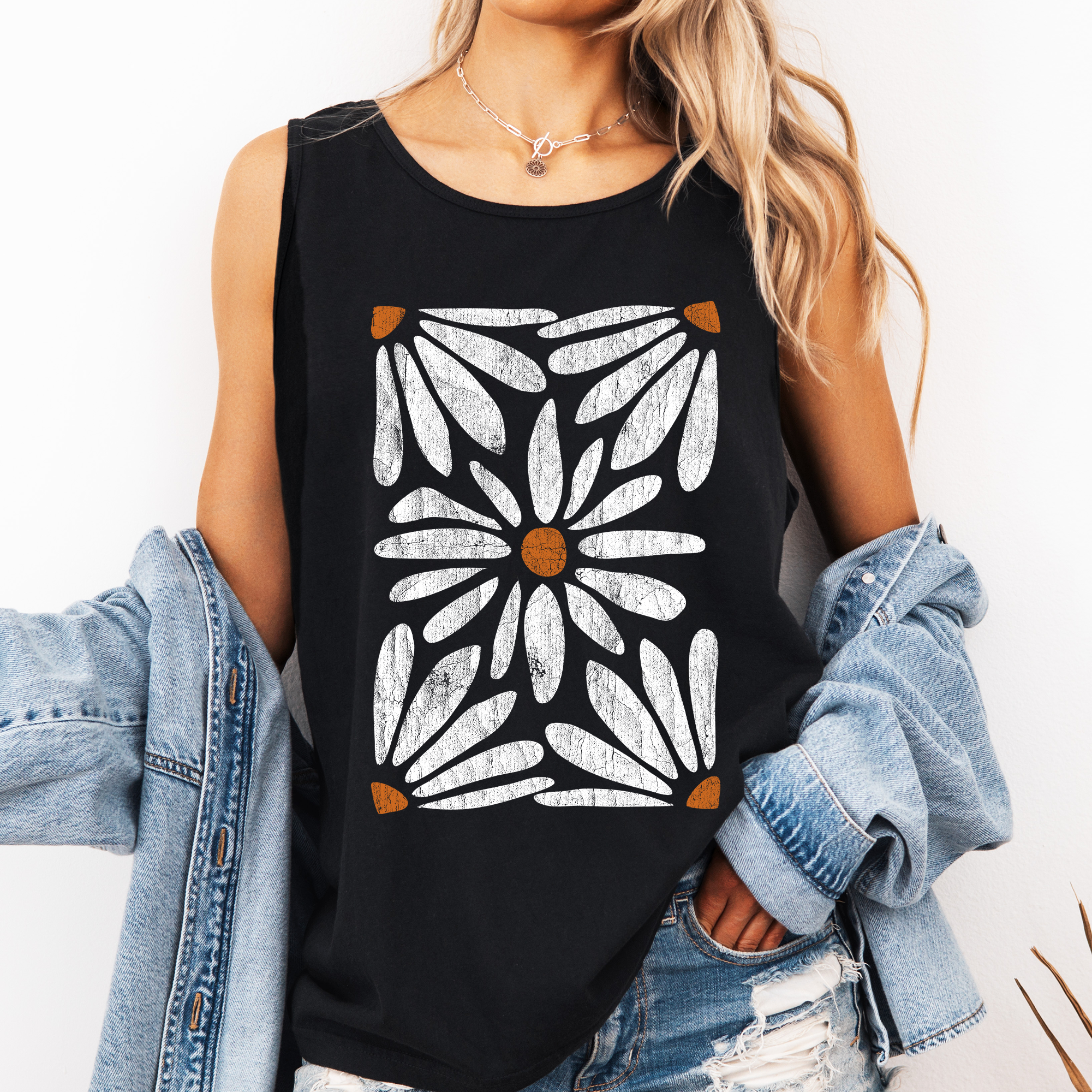 Retro Daisies, Boho, Original Designer Tank Top