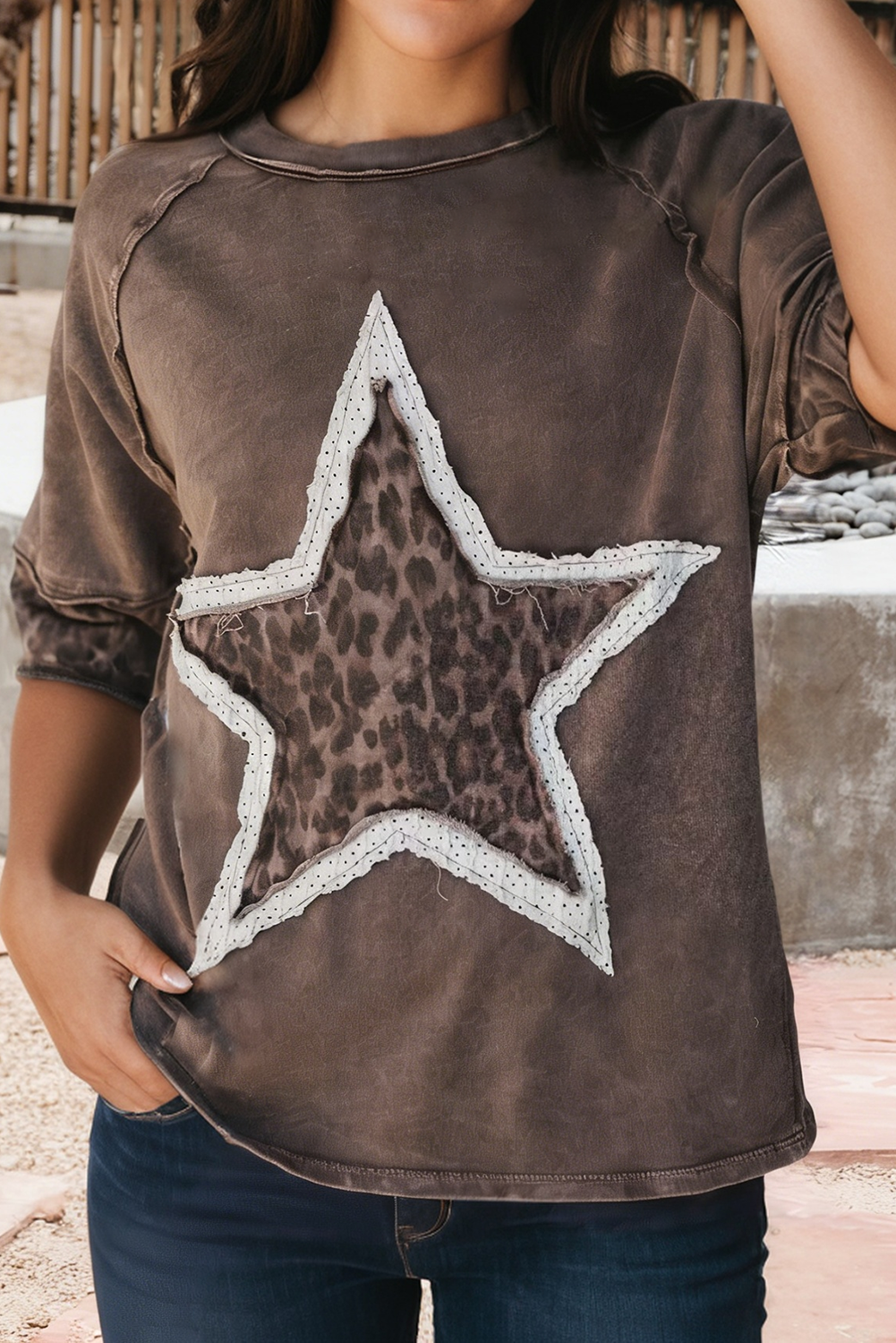 Mineral Wash Exposed Seam Leopard Star Patched Shirt (S-Xl)