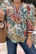 Plus Size Striped Trim Bracelet Sleeve Floral Top