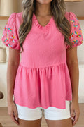 V Neck Flower Embroidered Puff Sleeve Textured Blouse (S-Xl)