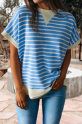 Stripe Contrast Trim Loose Short Sleeve Top (S-Xl)